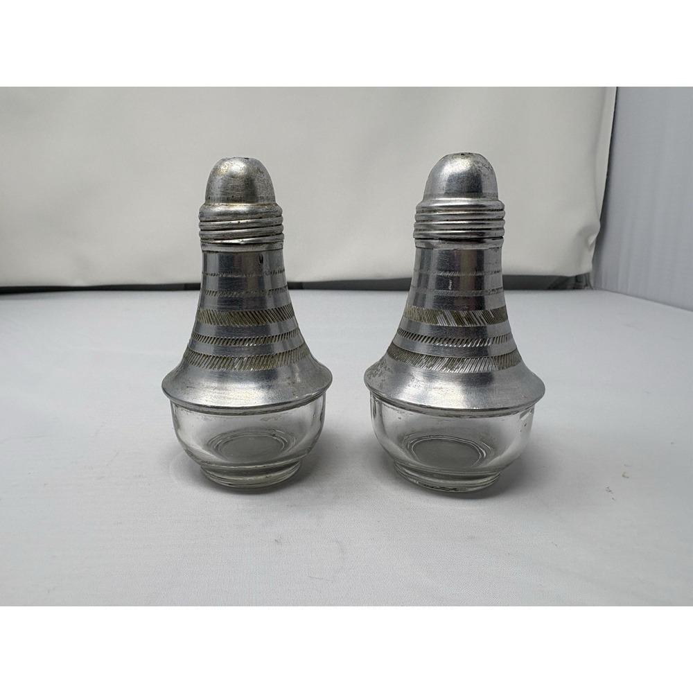 Vintage 1950's Atomic light bulb shaped Aluminum & Glass Salt & Pepper Shakers